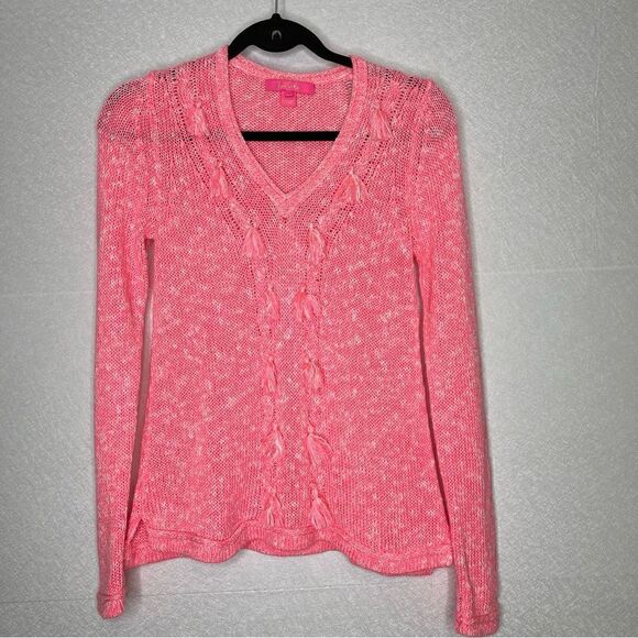 Lilly Pulitzer Neon Pink Kovette V Neck Tassel Sweater XS - Picture 3 of 7